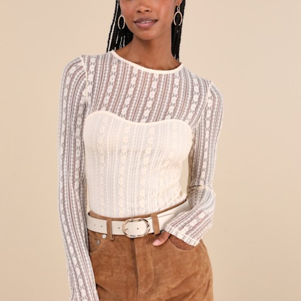 Lulus Sheer Passion Cream Sheer Lace Long Sleeve Top Beige - Size L